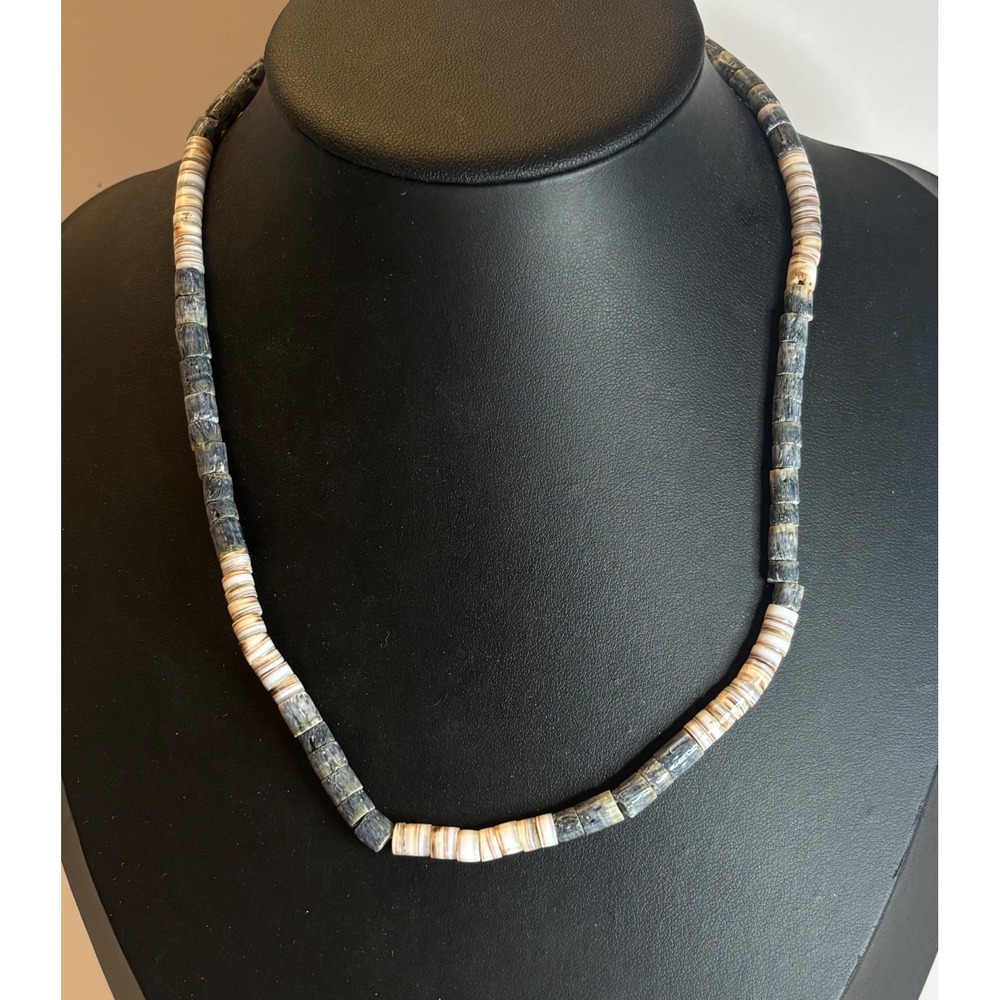 Vintage Stone & Shell Coastal Heishi Bead Necklace Blue Cream 16" Barrel Clasp